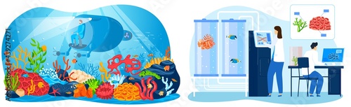 Underwater sea research, vector illustration, flat man character use aquatic equipment to explore marine nature, modern submarine in deep ocean