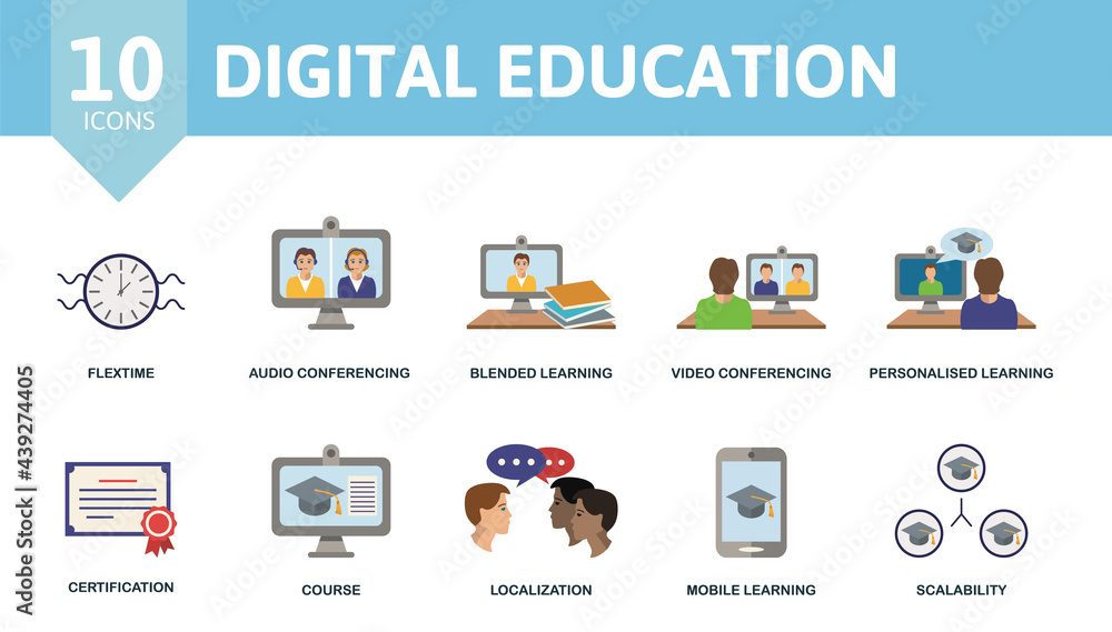 Digital Education icon set. Contains editable icons online education theme such as flextime, blended learning, personalised learning and more. Digital Education icon set. Contains editable icons online education theme such as flextime, blended learning, personalised learning and more.