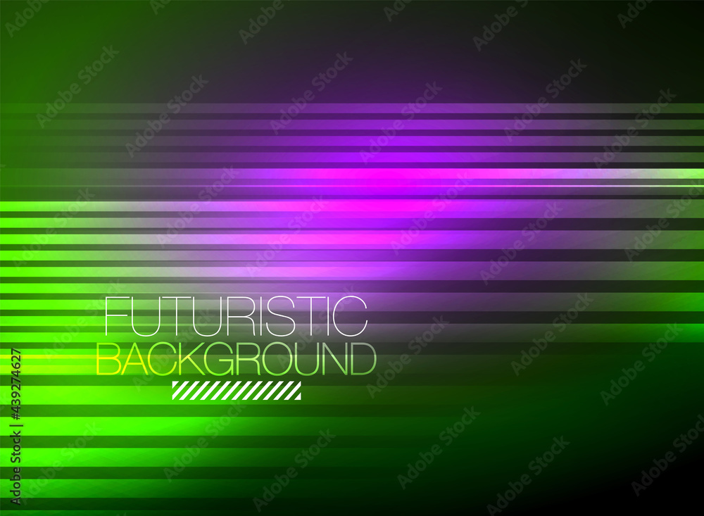 Bright neon color techno abstract background, shiny glowing neon lines in the dark background