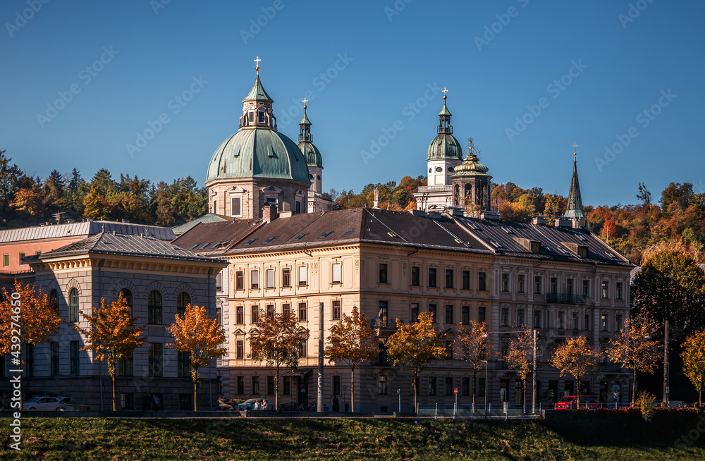 Scenic View of the famous Salzburg Cathedral in Salzburg. Salzburg is a popular travel and hiking destination in Austria. Central Europe. Concept of an ideal resting place.