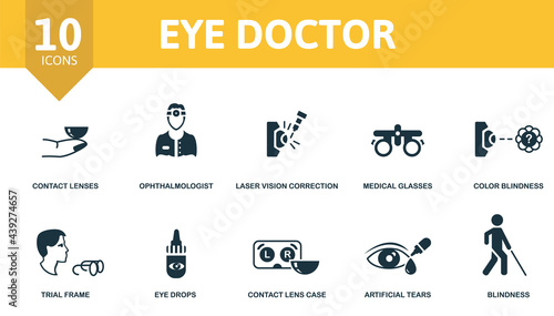 Eye Doctor icon set. Contains editable icons ophthalmology theme such as contact lenses, laser vision correction, color blindness and more.