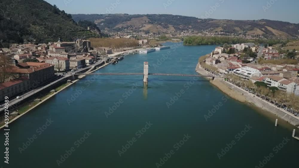 Aerial over the famous Rhone valley in France, Tain l'Hermitage steep vineyards known worldwide, aerial drone
