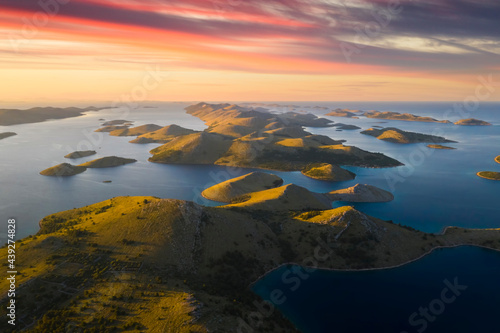 Aerial view of Kornati island archipelago at sunrise. Kornati National Park, Croatia. photo