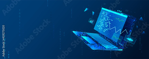 Software, web development, programming concept. Abstract programming language and program code on a laptop screen. Web development, coding, and programming. Polygonal style.