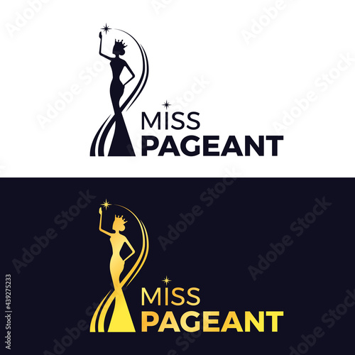 miss pageant logo - black and gold The beauty queen pageant wearing a crown and reaching for the stars sign vector design