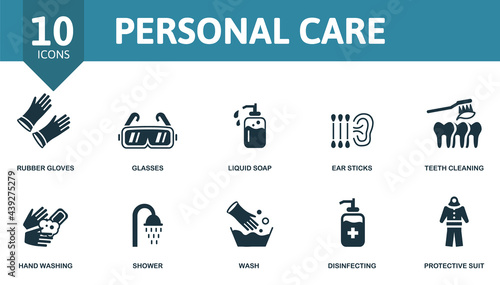 Personal Care icon set. Contains editable icons personal hygiene theme such as rubber gloves, liquid soap, teeth cleaning and more.