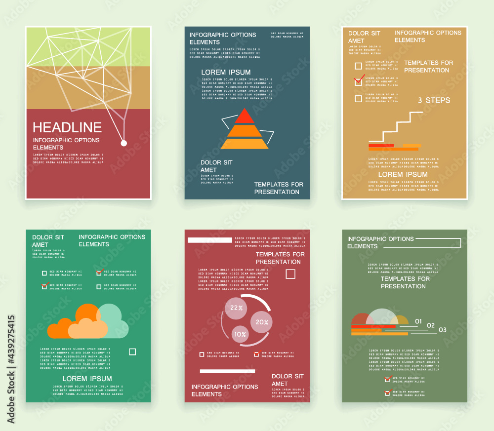Brochures for business reports, cover layout and infographics