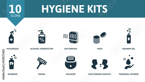 Hygiene Kits icon set. Contains editable icons personal hygiene theme such as pulverizer, air purifier, shower gel and more.