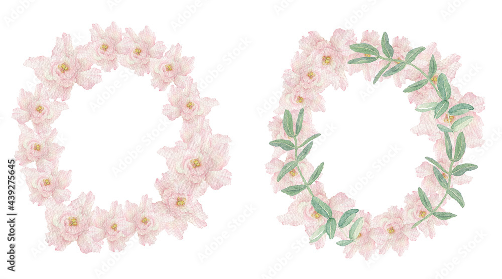 Decorative wreath of green branches whith pastel pink flowers, watercolor illustration drawn by hand. Romantic, abstract floral border with copyspace, isolated on white background. Decorative wreath of green branches whith pastel pink flowers, watercolor illustration drawn by hand. Romantic, abstract floral border with copyspace, isolated on white background.