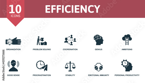 Efficiency icon set. Contains editable icons personal productivity theme such as organization, coordination, ambitions and more.