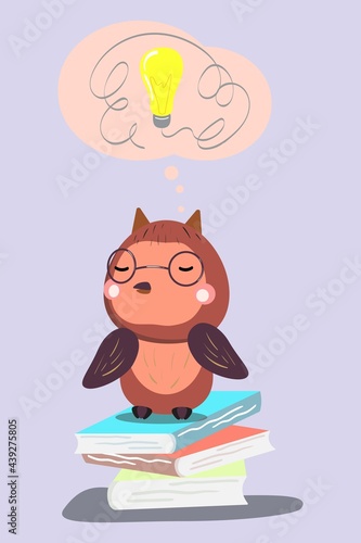 Cute owl taking a break after reading a lot of books.  Owl wearing glasses. Owl sitting on books. Vector illustration.