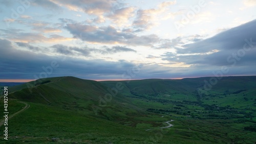Sunset over the high hills in Hope Valley, National Peak District 