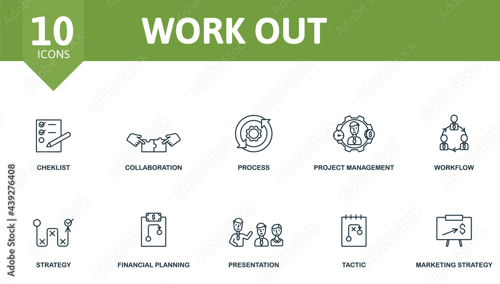 Work Out icon set. Contains editable icons planing theme such as checklist, process, workflow and more.