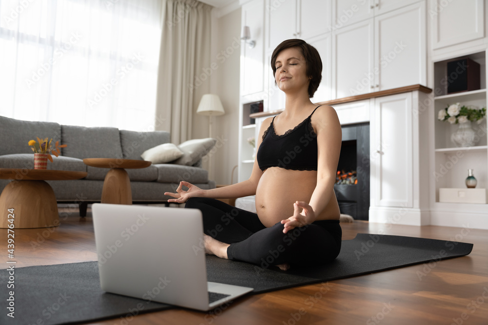 Mindful pregnant woman practicing yoga online, using laptop, sitting on mat at home, peaceful young future mom meditating with closed eyes, training, healthy lifestyle during pregnancy concept Mindful pregnant woman practicing yoga online, using laptop, sitting on mat at home, peaceful young future mom meditating with closed eyes, training, healthy lifestyle during pregnancy concept