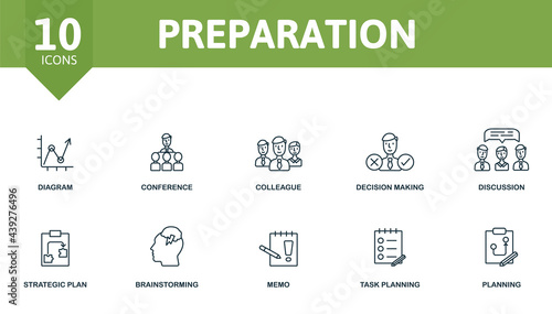 Preparation icon set. Contains editable icons planing theme such as diagram, colleague, discussion and more.