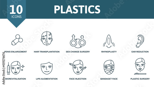 Plastics icon set. Contains editable icons plastic surgery theme such as penis enlargement, sex change surgery, ear reduction and more.