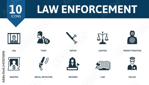 Law Enforcement icon set. Contains editable icons police theme such as jail, baton, target practice and more.