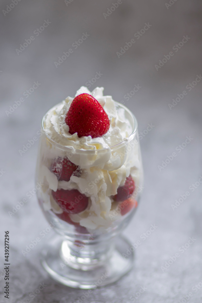Strawberry dessert with whipped cream. Summer delicious, sweet dessert. Strawberry dessert with whipped cream. Summer delicious, sweet dessert.
