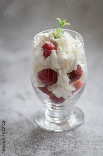 Strawberry dessert with whipped cream. Summer delicious, sweet dessert.