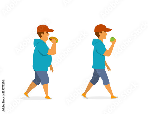 healthy and unhealthy eating habits, before and after vector illustration