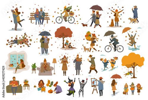 autumn fall thanksgiving halloween people outdoor and at home cartoon set, man woman couples children walk with umbrellas, dogs, in the park, ride bikes, read book, sit on bench, lying on leaves