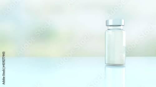 Le flacon d'injection posé sur la table, peut contenir un vaccin ou une autre solution. Les personnes qui marchent peuvent être des chercheurs, ou des patients. Rendu 3D