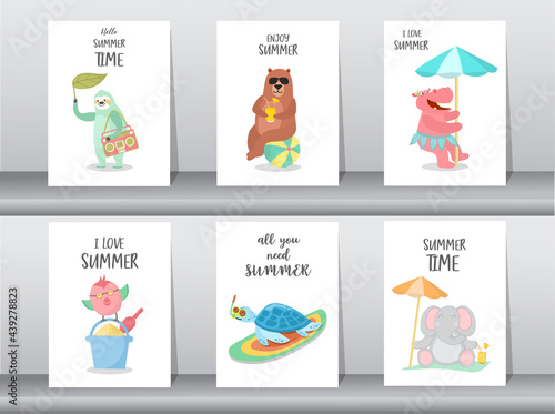 Set of summer beach Animals hand drawn style,cards,poster,template,greeting,cute,animal,Vector illustrations