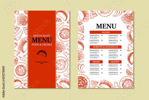 Mexican food two side vertical menu template with hand drawn elements. Vector illustration in sketch style