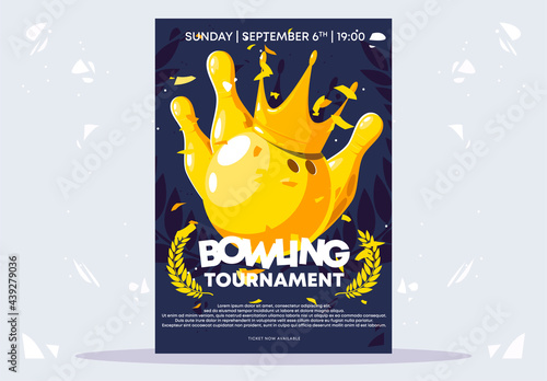 Vector illustration of a poster template for a bowling tournament, a golden ball with golden pins with a winner's wreath and a golden crown, the final tournament