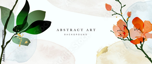 Abstract art background vector. Luxury minimal style wallpaper with golden line art flower and botanical leaves, Organic shapes, Watercolor. Vector background for banner, poster, Web and packaging.