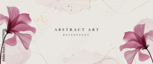 Abstract art background vector. Luxury minimal style wallpaper with golden line art flower and botanical leaves, Organic shapes, Watercolor. Vector background for banner, poster, Web and packaging.