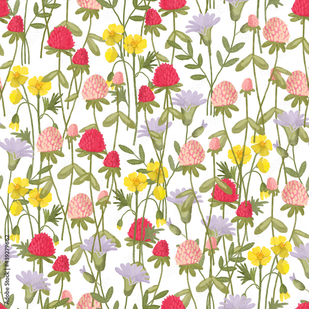 Cute seamless pattern in the Victorian style: lots of wildflowers on a white background: bluebells, buttercups, clover. Handmade watercolor drawing.