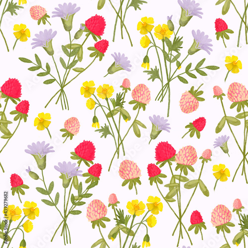 Cute seamless pattern in Victorian style: bouquets of wild flowers: bluebells, buttercups, clover. Watercolour hand drawing.