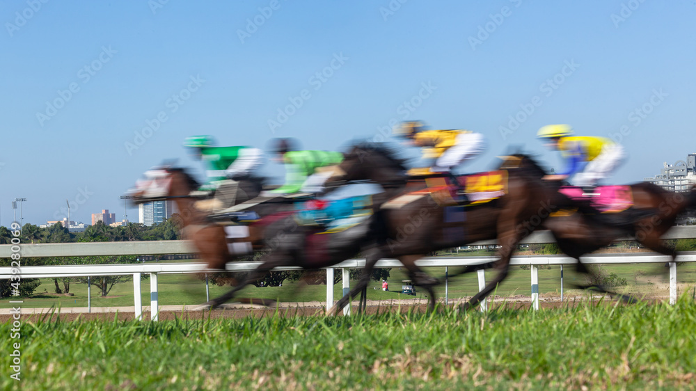 Horses Racing  Jockeys Riding  Panoramic Motion Speed Blur Closeup Photo Action Image.