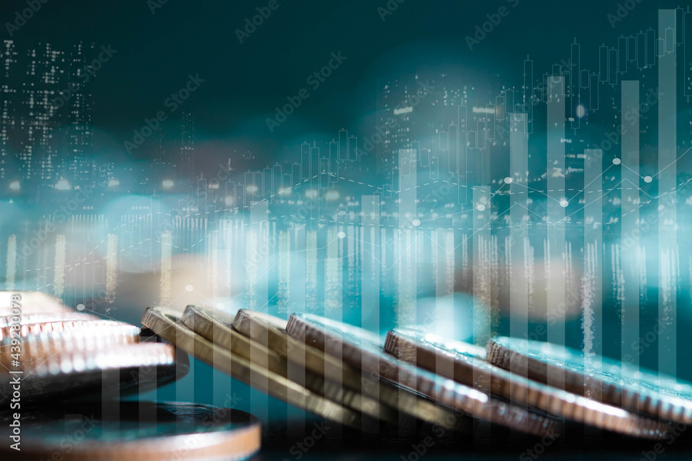 Double exposure of stack rows money coin with trading graph chart stock market. Value exchange and marketing of bank fund economic profit with growth. Finance investment and business concept. Double exposure of stack rows money coin with trading graph chart stock market. Value exchange and marketing of bank fund economic profit with growth. Finance investment and business concept.