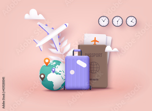 Business trip banner with passport, tickets, travel bag. 3D Web Vector Illustrations.