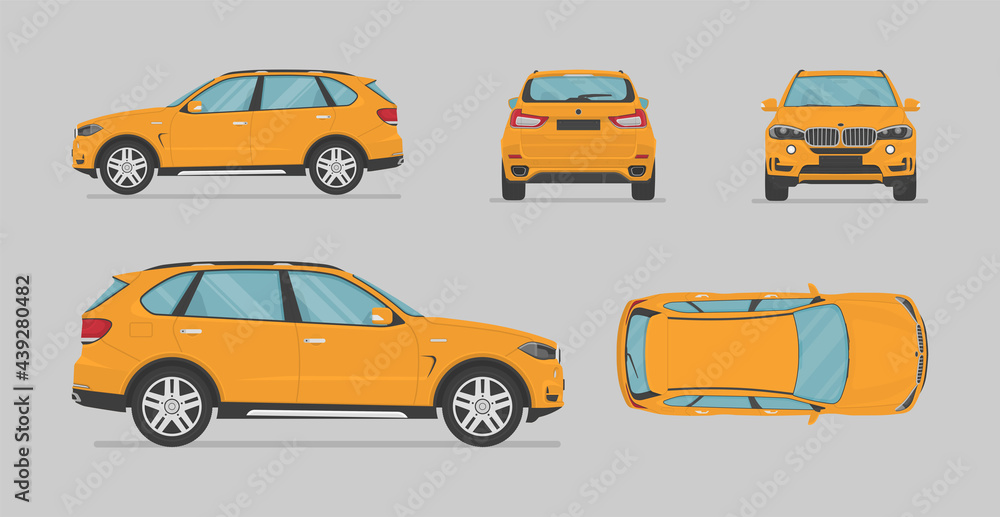Vector yellow suv car. Side view, front view, back view, top view