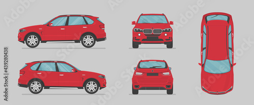 Vector red suv car. Side view, front view, back view, top view. Cartoon flat illustration, car for graphic and web
