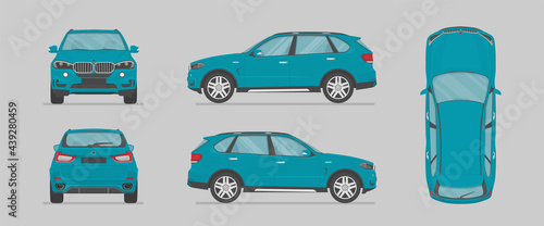 Vector blue suv car. Side view, front view, back view, top view. Cartoon flat illustration, car for graphic and web