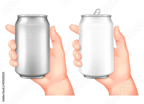 Hand holding aluminum beverage drink can isolated on white background. Vector illustration.