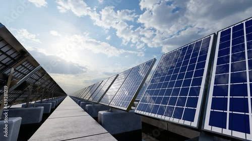 Low Angle View of a Solar Panel Row Beneath a Hazy Sun 3D Rendering