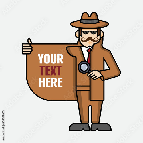 Funny detective vector character opens his coat. Cartoon character of private investigator. Secret Party Concept mascot.