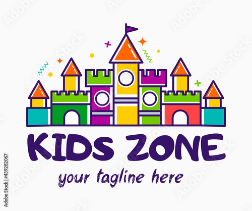 Bouncy castle cartoon logo. Kids zone concept. Children Playground sign.