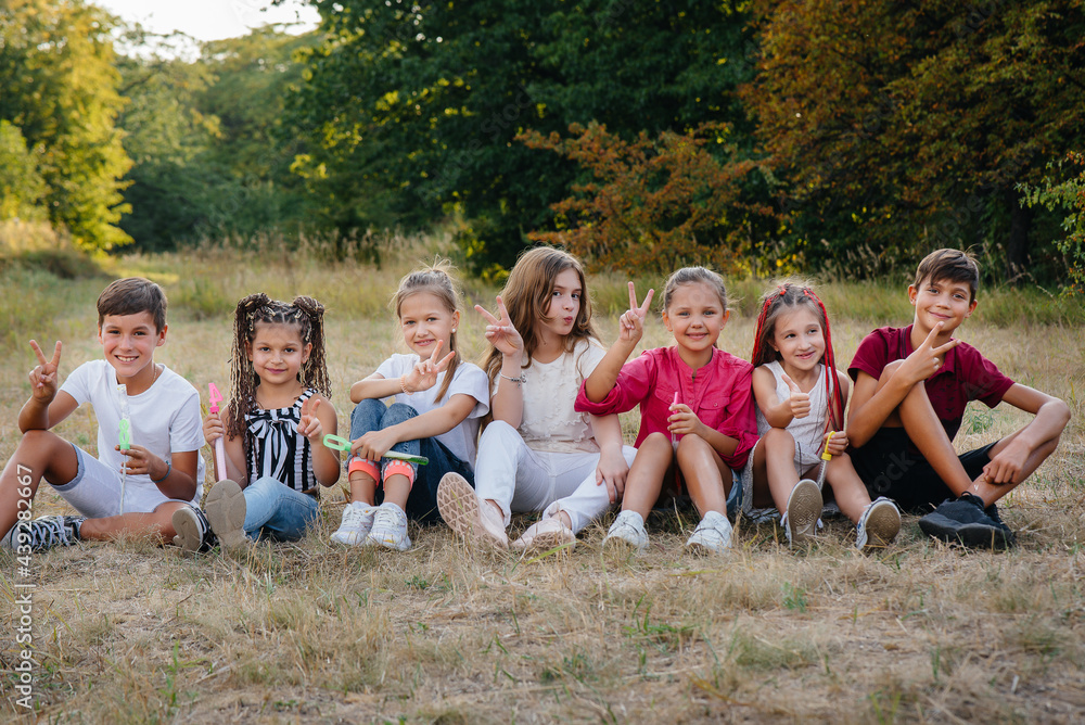 A large group of cheerful children sit on the grass in the Park and smile. Games in a children's camp