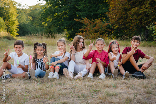 A large group of cheerful children sit on the grass in the Park and smile. Games in a children s camp