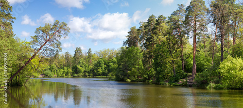 Lake with coniferous and deciduous forest on shores  panoramic view