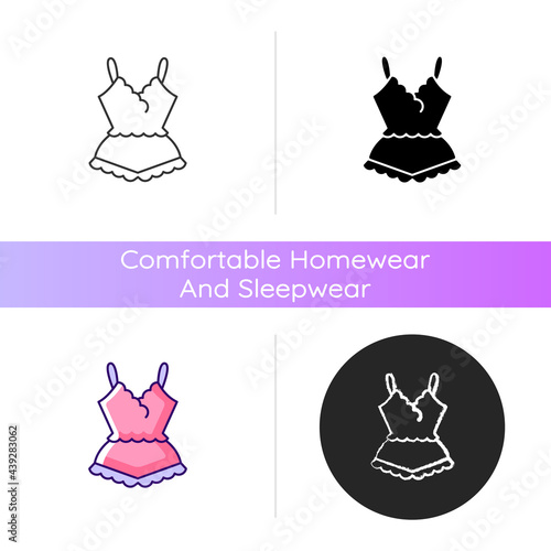 Lace pyjamas icon. Elegant nightgown for ladies. Trendy sleepwear for women. Comfortable homewear and sleepwear doe girls. Linear black and RGB color styles. Isolated vector illustrations