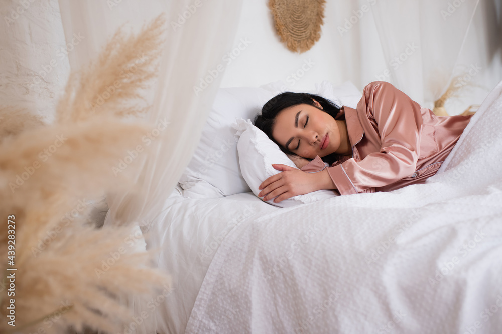 Peaceful serene beautiful young lady wear pajamas lying asleep relaxing  sleeping in cozy white bed on soft pillow resting 16632599 Stock Photo at  Vecteezy
