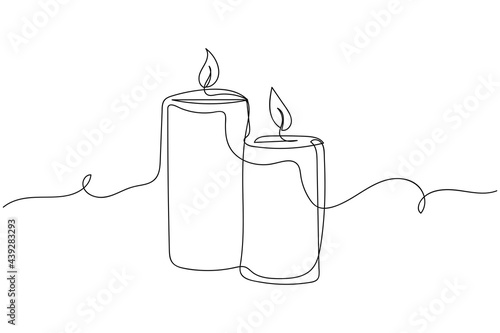 Continuous one line of candles in silhouette on a white background. Linear stylized.Minimalist. Christmas style