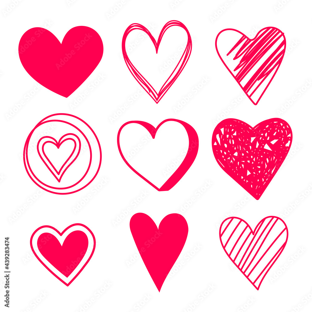 Heart sketch set. Red cute cartoon icon. Doodle hand drawn symbols